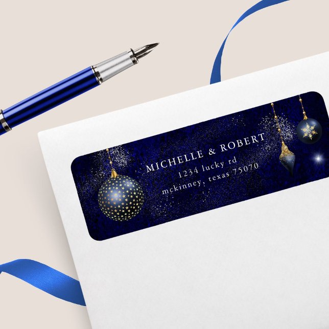 Navy Blue Gold Ornament Holiday Return Address  Label (Creator Uploaded)