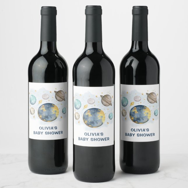 Navy Blue Gold Outer Space Baby Shower Favours Wine Label (Bottles)