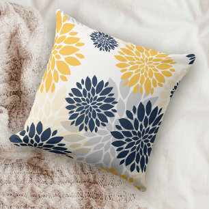 Navy Blue Gold Oversized Flower Pattern Cushion