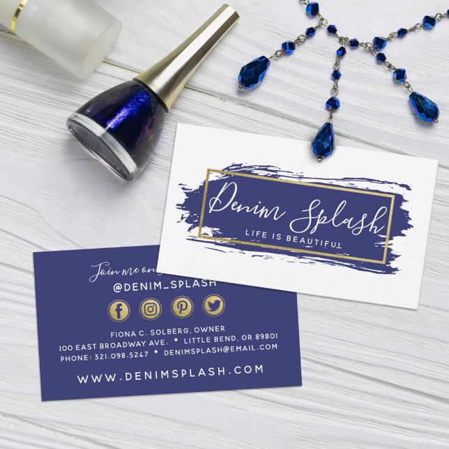 Navy Blue & Gold Paint Stroke Social Networking Business Card (Creator Uploaded)