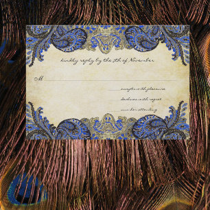 Navy Blue Gold Paisley Peacock Colours Wedding RSV RSVP Card