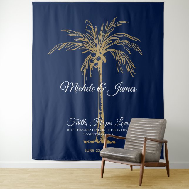 Navy Blue Gold Palm Tree Beach Wedding Backdrop Tapestry (In Situ)