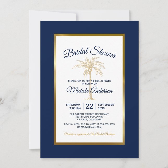 Navy Blue Gold Palm Tree Modern Bridal Shower Invitation (Front)