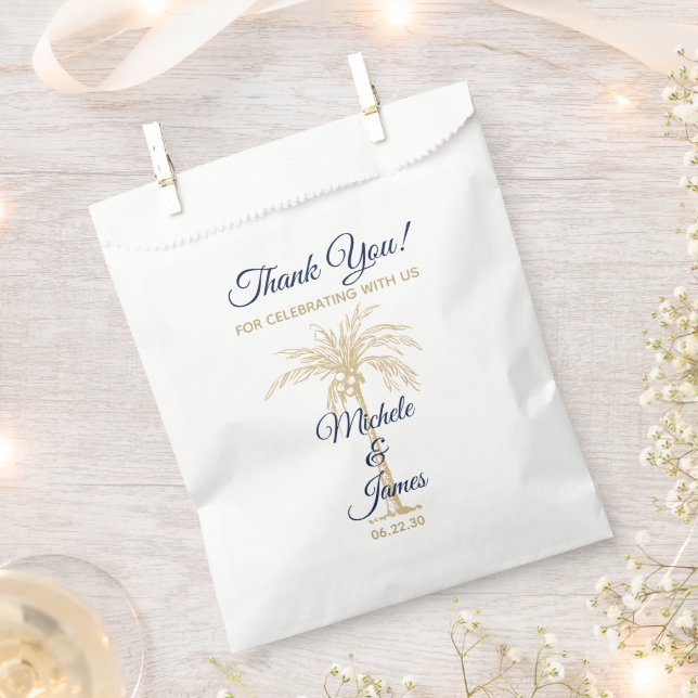 Navy Blue Gold Palm Tree Modern Wedding Favour Bag (Clipped)