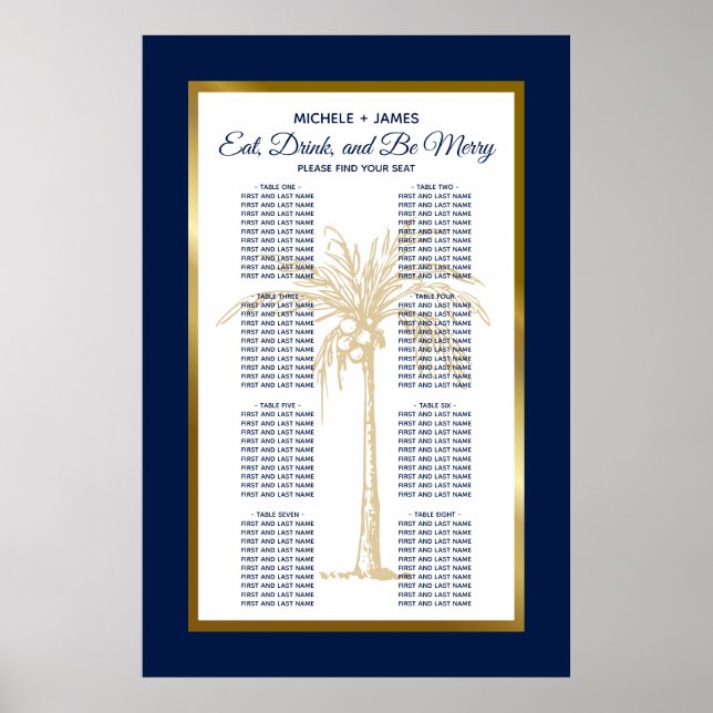 Navy Blue Gold Palm Tropical Wedding Seating Chart (Front)