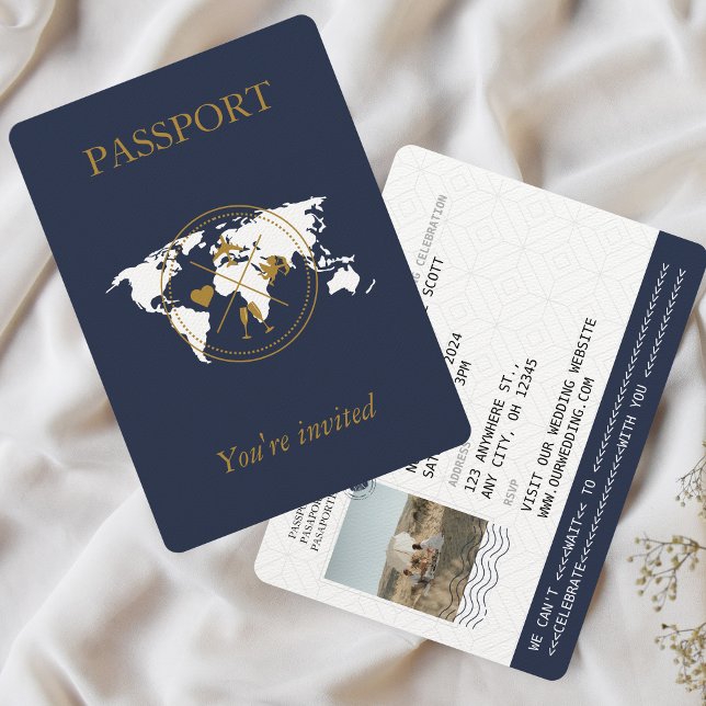 Navy Blue Gold Passport Destination Wedding Photo Invitation (Navy Blue Passport Wedding Invitation)