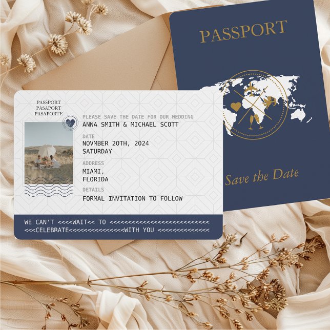Navy Blue Gold Passport Destination Wedding Photo Save The Date (Passport Photo Save the Date Unique Destination Wedding Navy Blue & Gold)