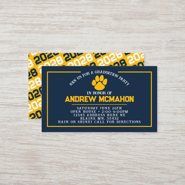 Navy Blue & Gold Pawprint Mini Graduation Invites (Navy Blue & Yellow Gold Paw Mini Graduation Invites for Friends, Team Mates or as Inserts!)