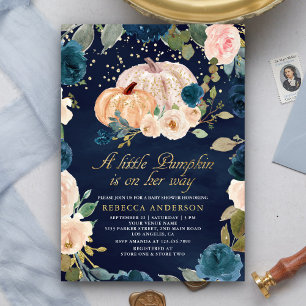 Navy Blue Gold Peach Floral Pumpkin Baby Shower Invitation