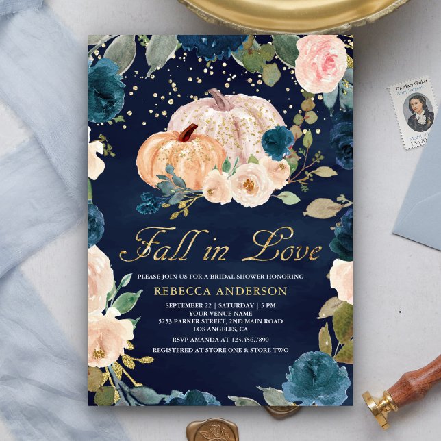 Navy Blue Gold Peach Floral Pumpkin Bridal Shower Invitation (Creator Uploaded)