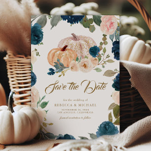 Navy Blue Gold Peach Floral Pumpkin Wedding Save The Date