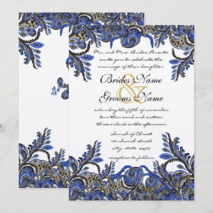 Navy Blue & Gold Peacock Paisley Wedding Invite