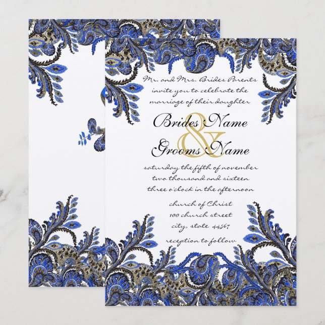Navy Blue & Gold Peacock Paisley Wedding Invite (Front/Back)