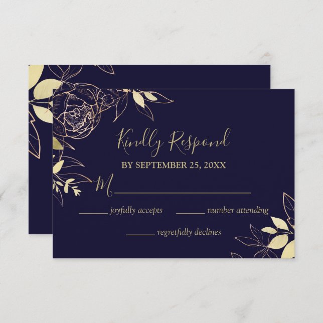 Navy Blue & Gold Peony Modern Floral Wedding RSVP Card (Front/Back)