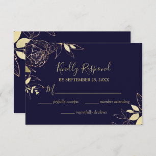 Navy Blue & Gold Peony Modern Floral Wedding RSVP Card