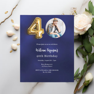 Navy blue gold photo 40th birthday invitation