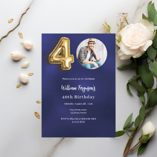 Navy blue gold photo 40th birthday invitation