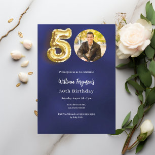 Navy blue gold photo 50th birthday invitation