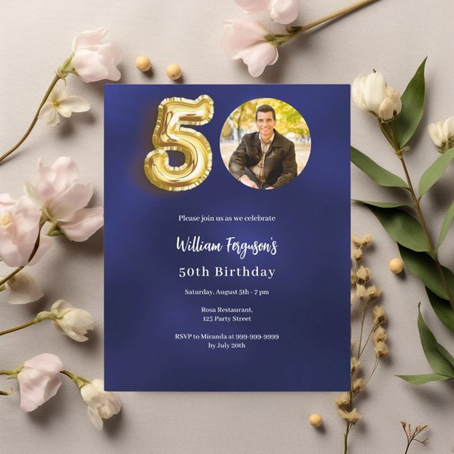 Navy blue gold photo 50th birthday invitation (Creator Uploaded)
