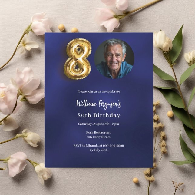 Navy blue gold photo 80th birthday invitation (Creator Uploaded)