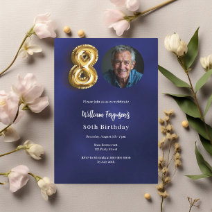 Navy blue gold photo 80th birthday invitation