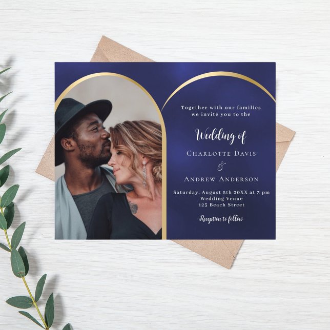 Navy blue gold photo arch wedding invitation (Creator Uploaded)