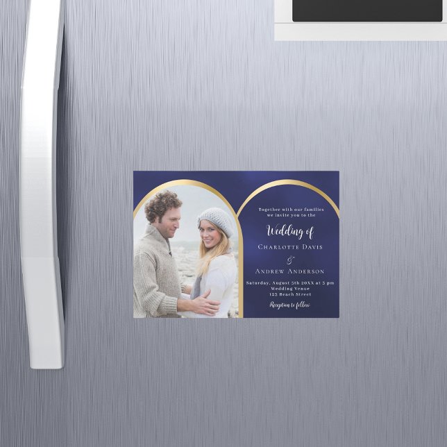 Navy blue gold photo arch wedding magnetic invitation (Creator Uploaded)