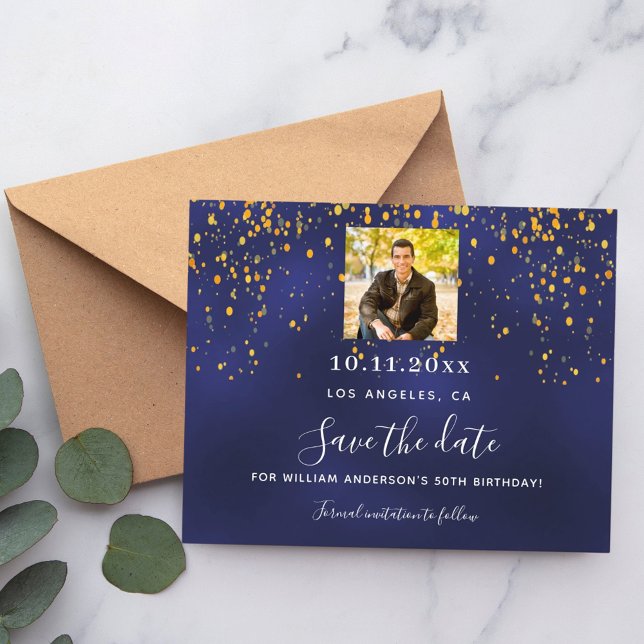 Navy blue gold photo birthday save the date card (Creator Uploaded)