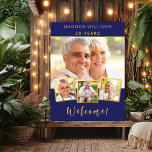 Navy blue gold photo collage birthday welcome poster<br><div class="desc">Create your own unique photo collage. Use four,  4 of your favourite photo. Personalise and add a name and age. A classic navy blue coloured background,  faux gold frames and golden text.</div>