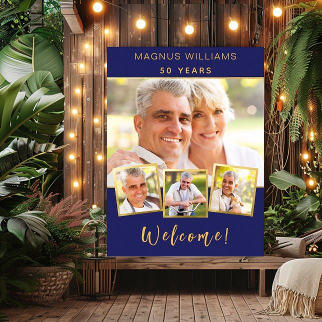 Navy blue gold photo collage birthday welcome poster (Creator Uploaded)