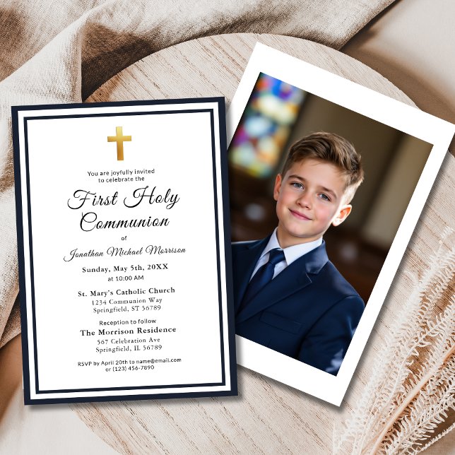 Navy Blue Gold Photo First Holy Communion  Invitation (Creator Uploaded)