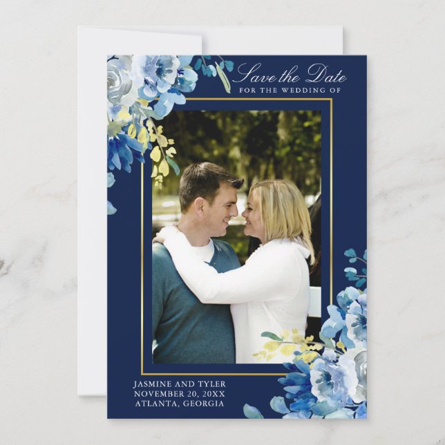 Navy Blue Gold Photo Floral Elegant Evening Save The Date (Front)