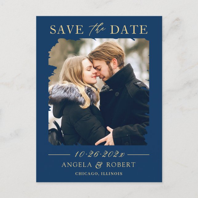 Navy Blue Gold Photo Frame Save the Date Postcard (Front)