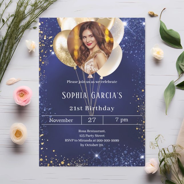 Navy blue gold photo glitter balloons birthday invitation (Creator Uploaded)