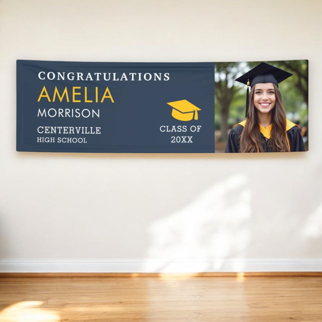 Navy Blue Gold Photo Graduate Class Of Graduation Banner (Creator Uploaded)
