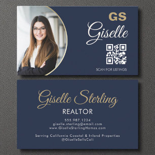 Navy Blue Gold Photo Monogram Realtor QR Code Business Card