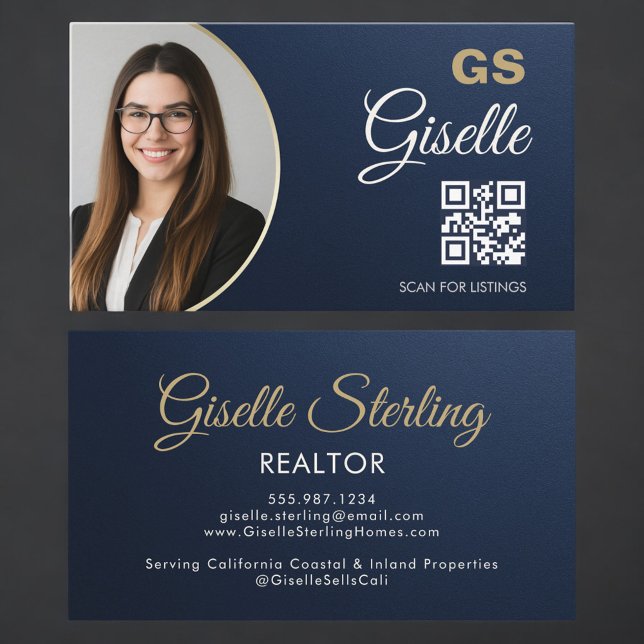 Navy Blue Gold Photo Realtor QR Code Metallic Business Card (Creator Uploaded)