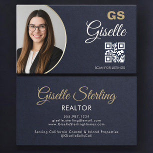 Navy Blue Gold Photo Realtor QR Code Slate Stone Business Card