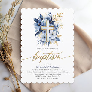 Navy Blue & Gold Photo Watercolor Baptism  Invitation