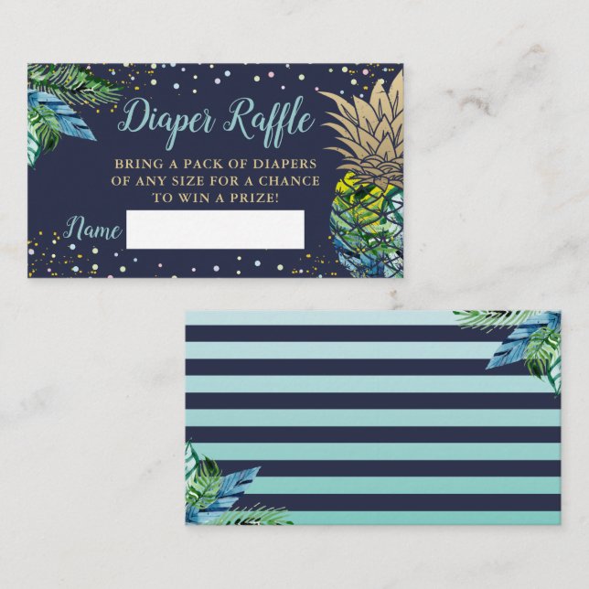 Navy Blue Gold Pineapple Baby Shower Diaper Raffle Enclosure Card (Front/Back)