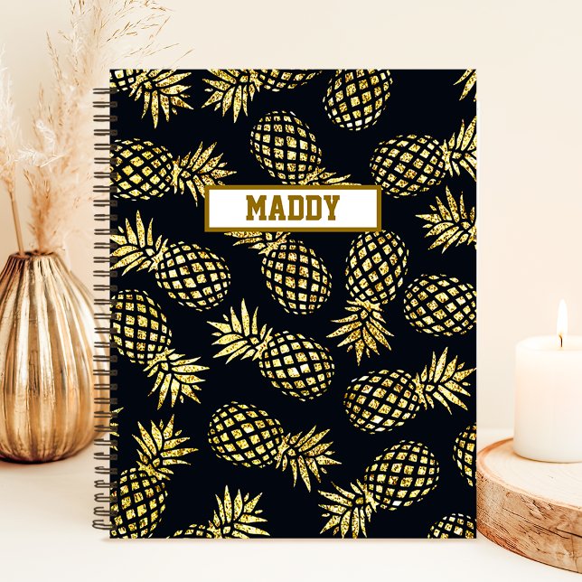 Navy Blue Gold Pineapple Pattern Monogram Notebook (Creator Uploaded)
