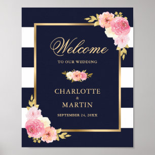 Navy Blue Gold Pink Floral Wedding Welcome Sign