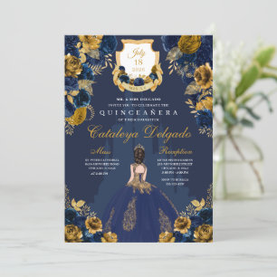 Navy Blue & Gold Princess Castle Quinceañera Invitation