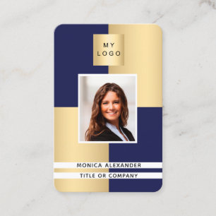 Navy blue gold profile photo corporate QR code Business Card