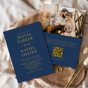 Navy Blue Gold QR Code Classic Photo Wedding Invitation