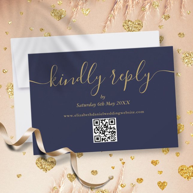Navy Blue Gold QR Code Elegant Script Kindly Reply RSVP Card (Navy Blue Gold QR Code Elegant Script Kindly Reply RSVP Card)
