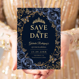Navy Blue Gold Quinceanera Floral Save The Date