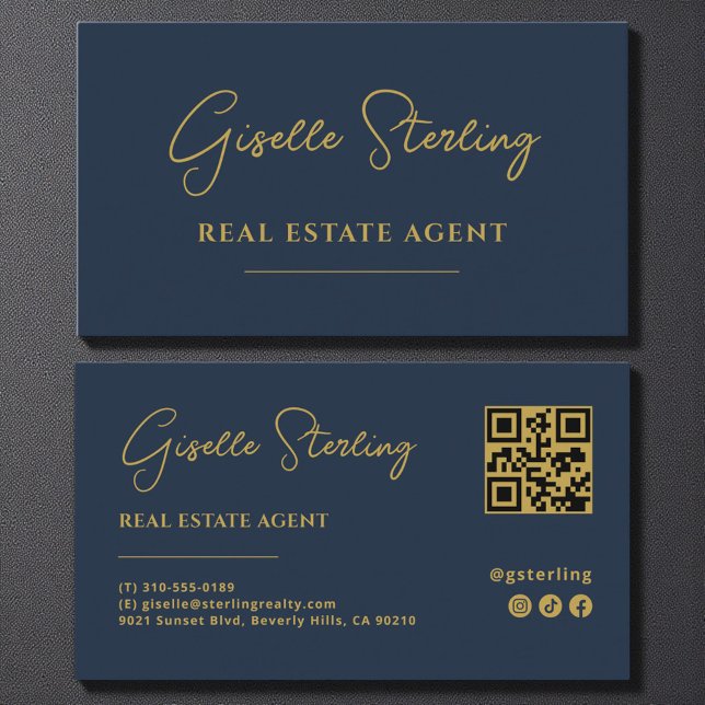 Navy Blue & Gold Real Estate Agent QR Code Business Card (Creator Uploaded)