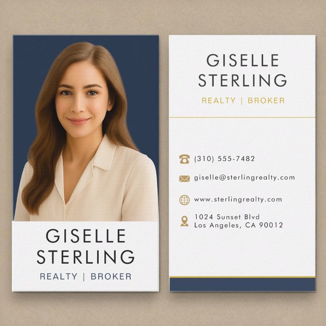 Navy Blue Gold Real Estate Broker Professional Business Card (Creator Uploaded)