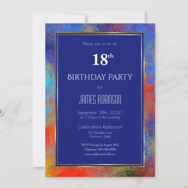 Navy Blue Gold Red Watercolor 18th Birthday Party Invitation (Front)
